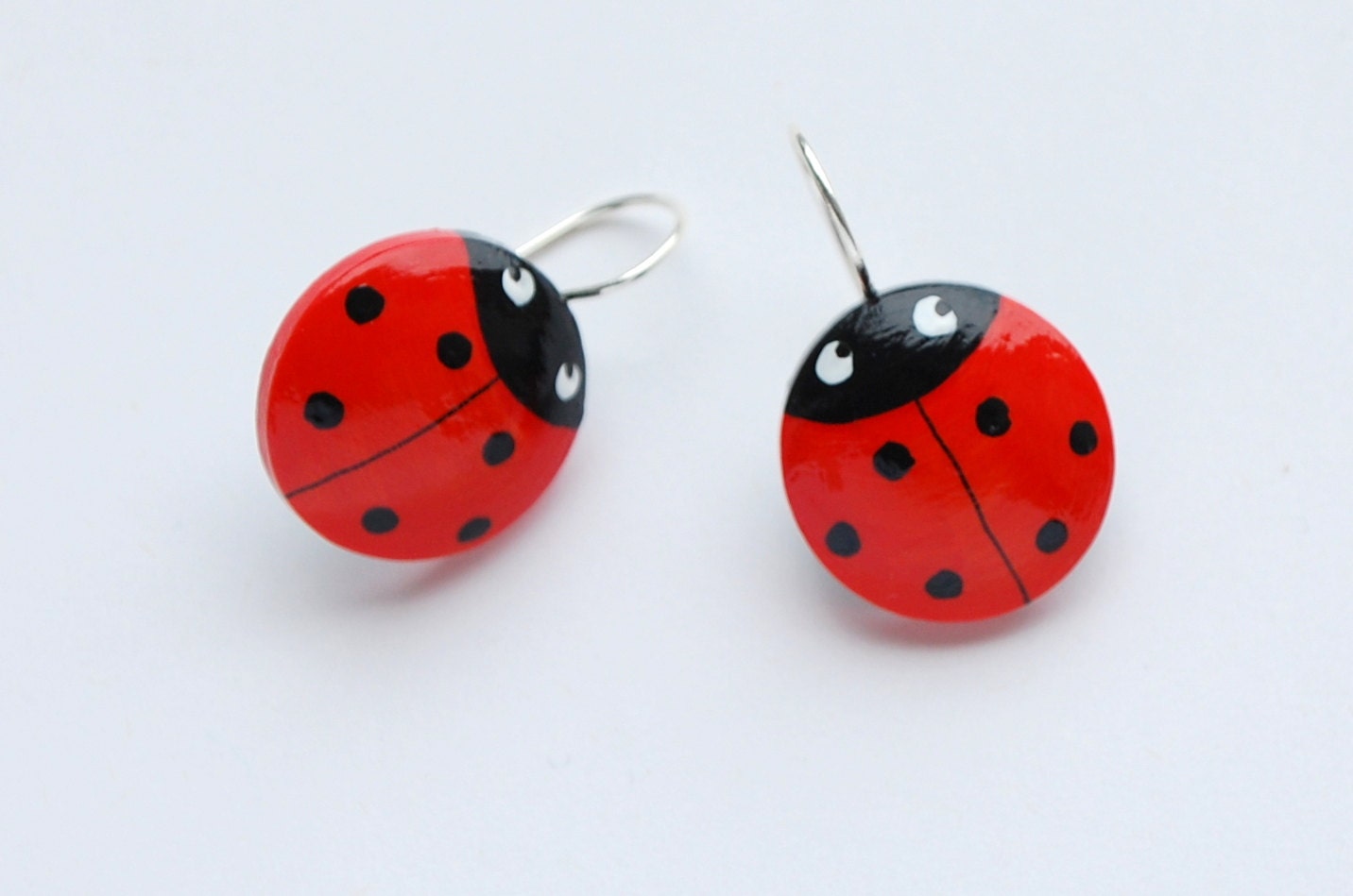 Red ladybug - Hand painted wooden earrings
