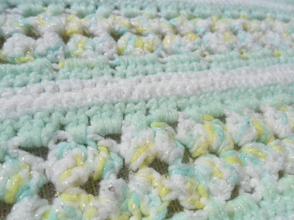 Vintage Baby Afghan / Throw / Blanket Baby Boy Baby Girl Crocheted Multi Colored Mint Green, White, Yellow 29" X 27" Retro Art Deco 1980s