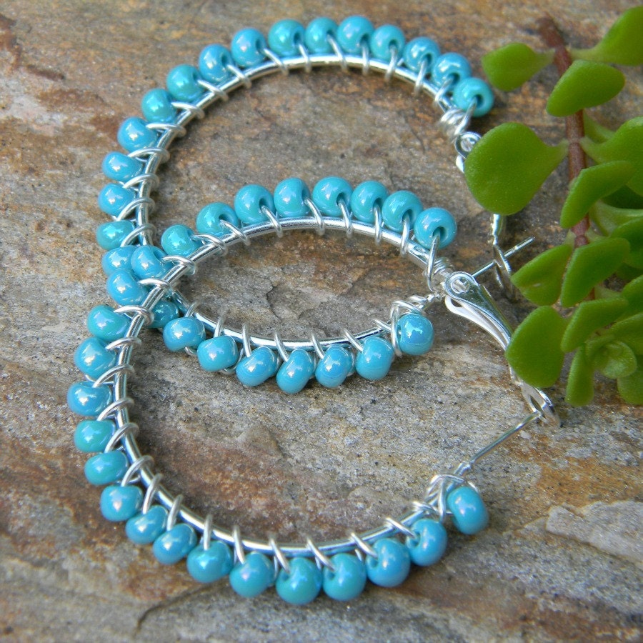 Bohemian earrings turquoise blue glass beaded hoops beaded jewelry handmade earrings spring jewelry