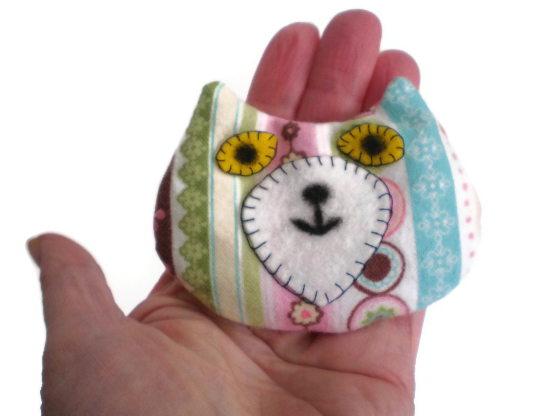Cat Head Rice Heat Cold Pack Microwavable for Hand Pocket or Kids Boo Boos and Ouchies Brown White Green Pink Blue Stripe
