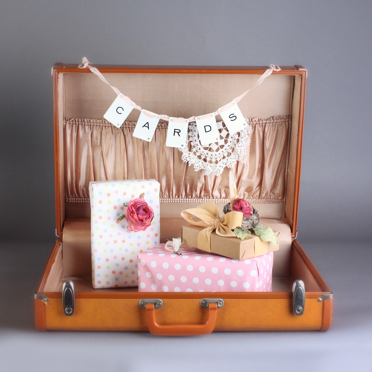 RESERVED Brown suitcase set, wedding card box