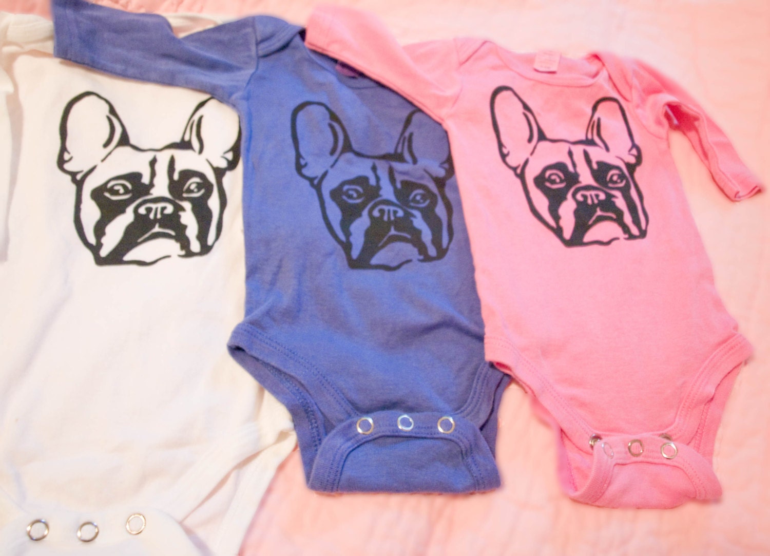 Long Sleeve White Onesie Organic Cotton with French Bulldog Size 12 -18 Mos Bodysuit
