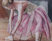 Ballerina tying pointe shoes signed limited edition giclee print. Fits IKEA frames