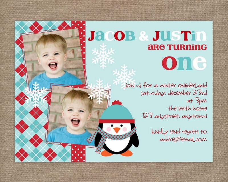 Winter Onederland Birthday Party Invitation with photo for twins or two children Il_570xn