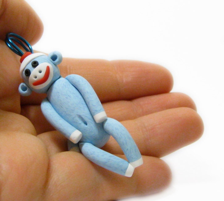 Blue Sock Monkey Ornament for Car Mirror or Holiday Tree in Polymer Clay
