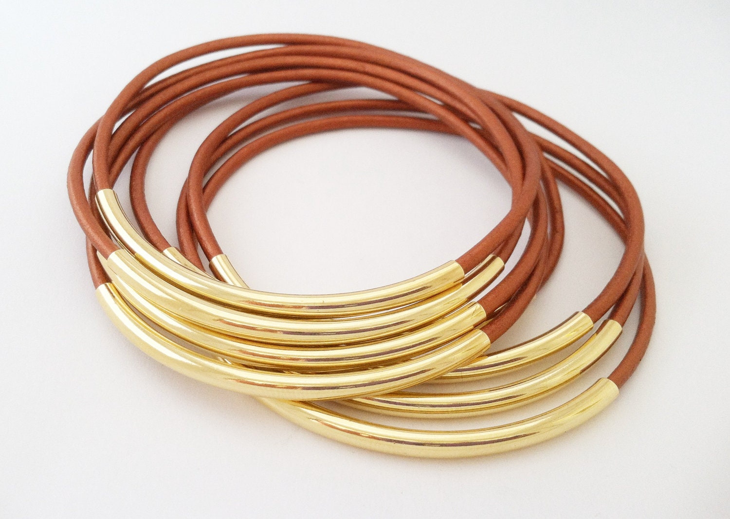 Copper Leather Bangles with Gold or Silver Tube Accents