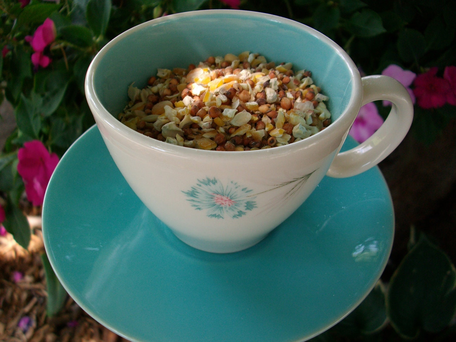 Turquoise Garden Bird Feeder Recycled Cup and Saucer Sit on a Pole Bird Feeder