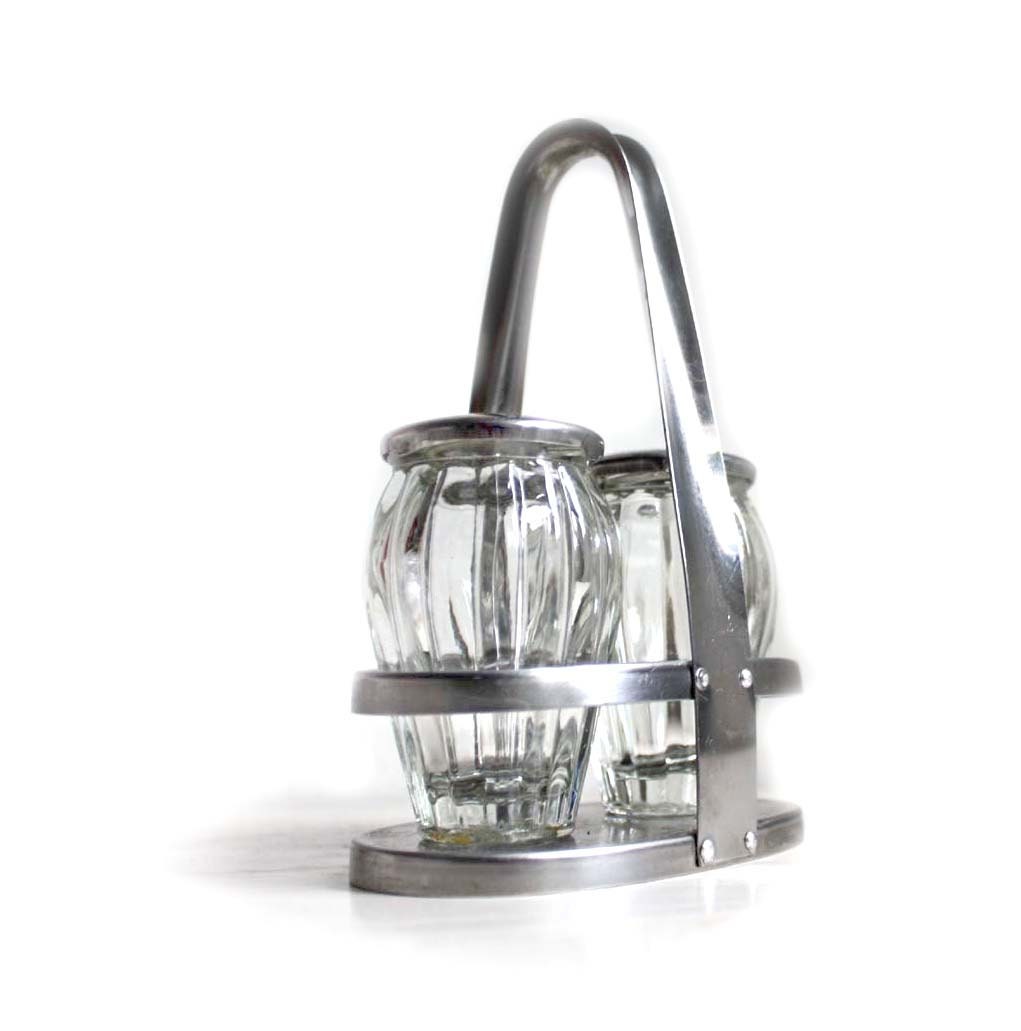 Soviet Vintage Salt and Pepper Shakers. Metal Base and Glass Canisters. Diner style.