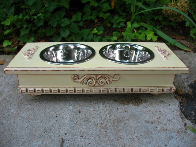 Elevated Dog Bowl or Cat Bowl Pet Feeder Creamy Lemon Shabby Chic -Distressed Two - One Quart Paw Print Stainless Bowls Made to Order