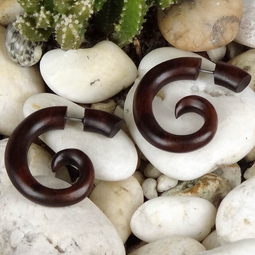 Fake Gauge -- SPRING SALE -- 1 Pair Organic Sono Wood Earrings - Rams Horn Spiral Talons - (By Fake Gauge Organics)