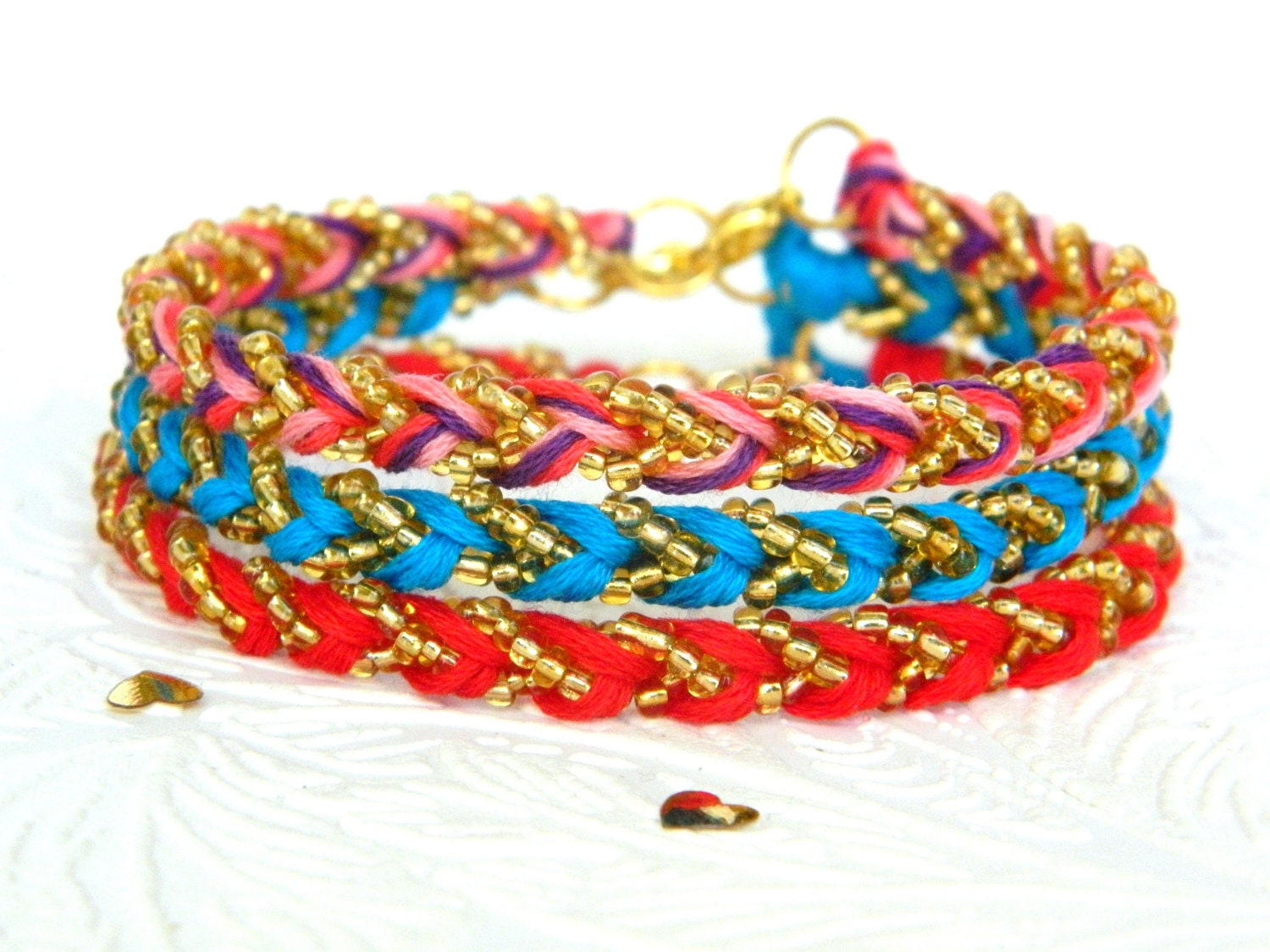 Bohemian Blend Trio Collection - Violet, Pink Swirl, Turquoise, & Crimson - Chevron Beaded Braided Modern Friendship Bracelets