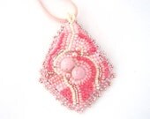 Bead jewelry, Beaded pendant, Beadwork necklace, Bead Embroidered pendant, handmade pendant, pink pendant