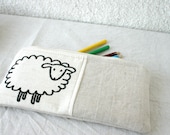 Pencil case, zipper pouch  natural linen, neutral, sheep, back to school - HelloVioleta