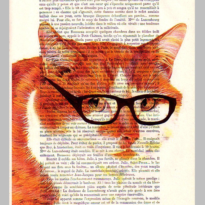 Clever cat -3 - ORIGINAL ARTWORK Hand Painted Mixed Media on 1920 famous Parisien Magazine 'La Petit Illustration'