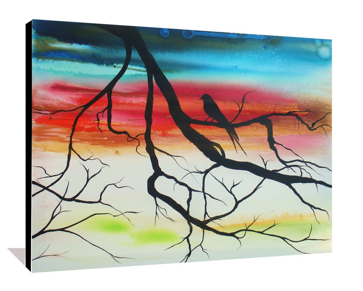 Tree Paintings on Stretched Canvas Landscape Tree Silouhette Painting Bird Silouhette Painting Original Large Metallic Art 30x24 Heather Day