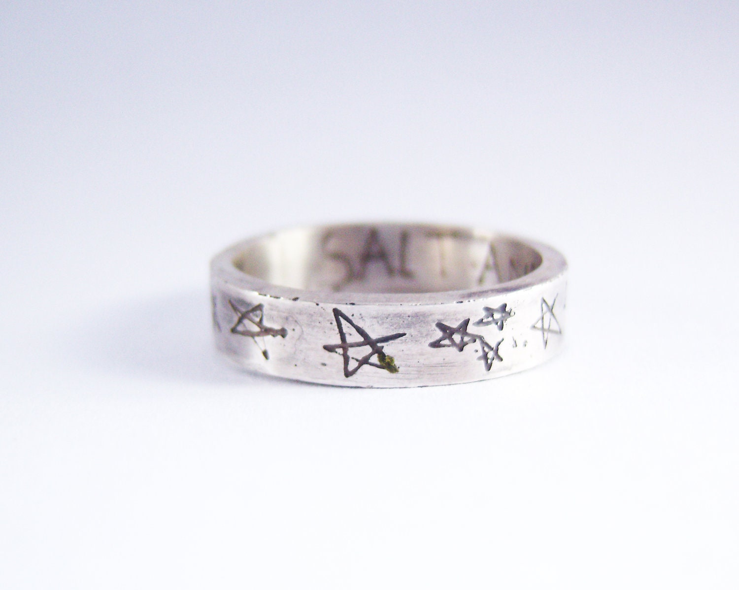 Supernatural inspired silver etched ring with SALT AND BURN inscription