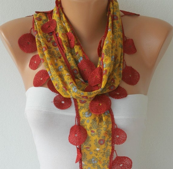 Mustard Scarf - Cotton Scarf - Cowl Scarf with Red Lace Edge - fatwoman