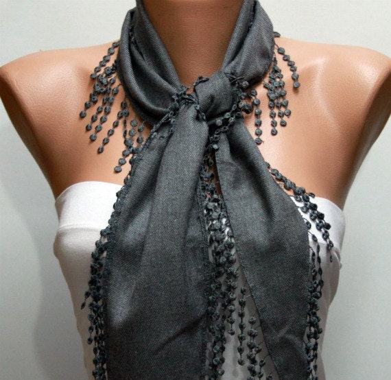 ON SALE - Gray Scarf - Pashmina Scarf - Cowl with Lace Edge