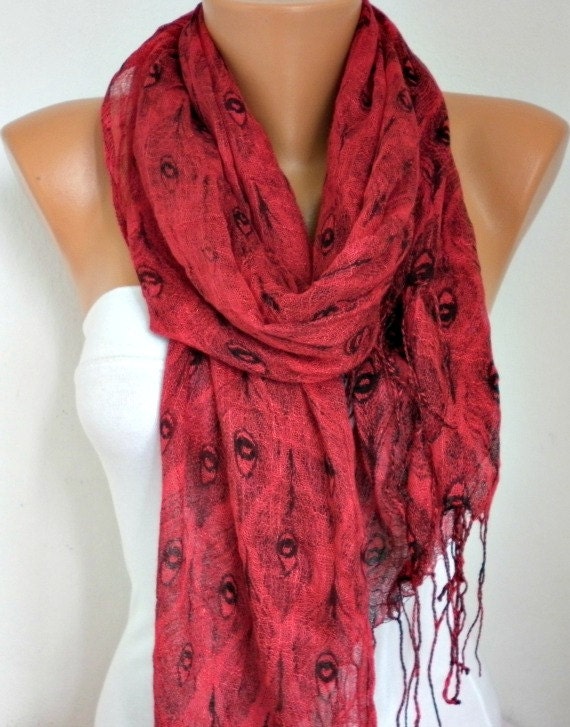 Peacock Scarf  Shawl Scarf -  Cowl Scarf  Red - fatwoman