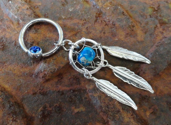 Turquoise Dream Catcher Belly Button Jewelry Silver Feathers Belly Ring