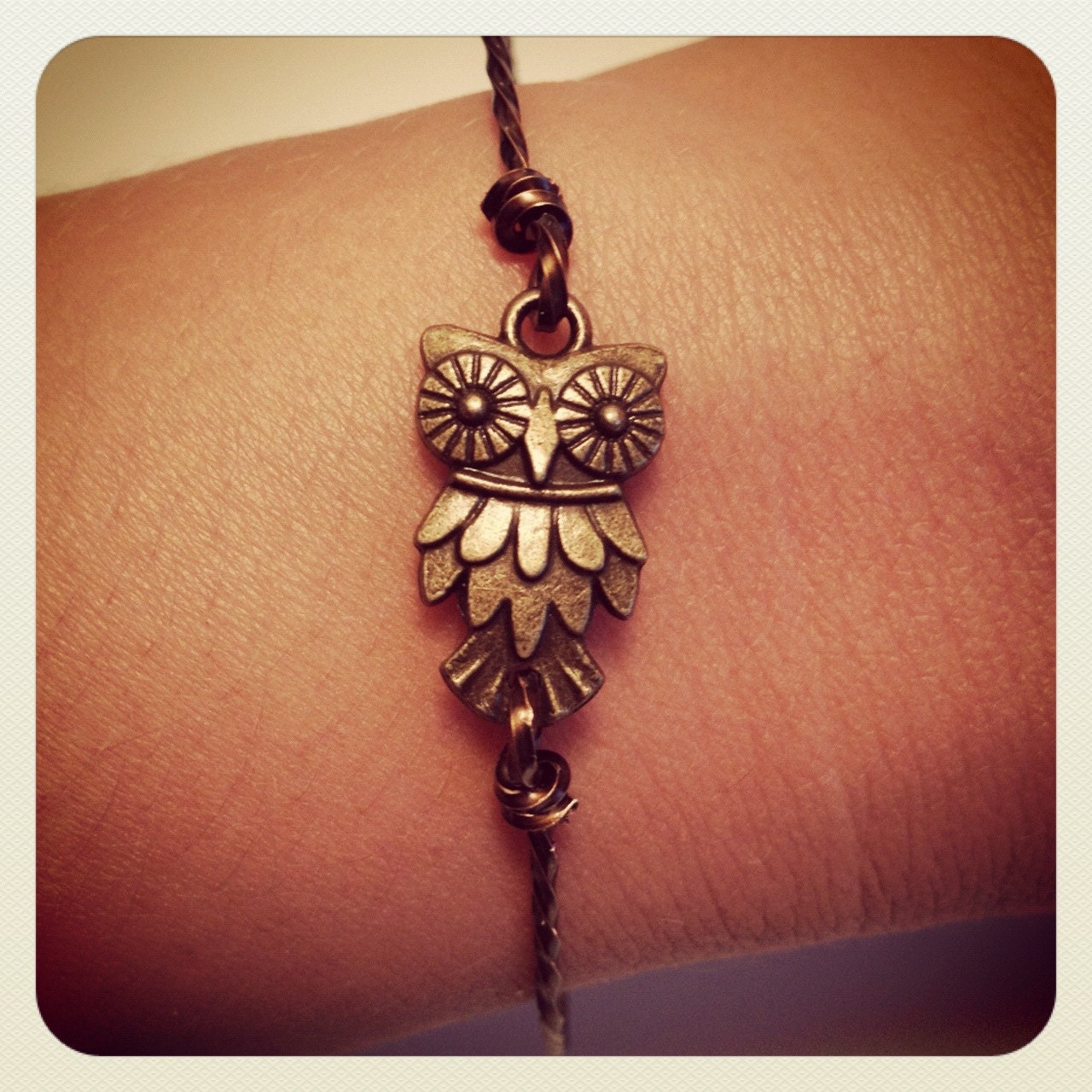 Bronze Bird on a Wire- Bronze Twisted Bangle with Owl Charm, BOHO, Stacking Bangle