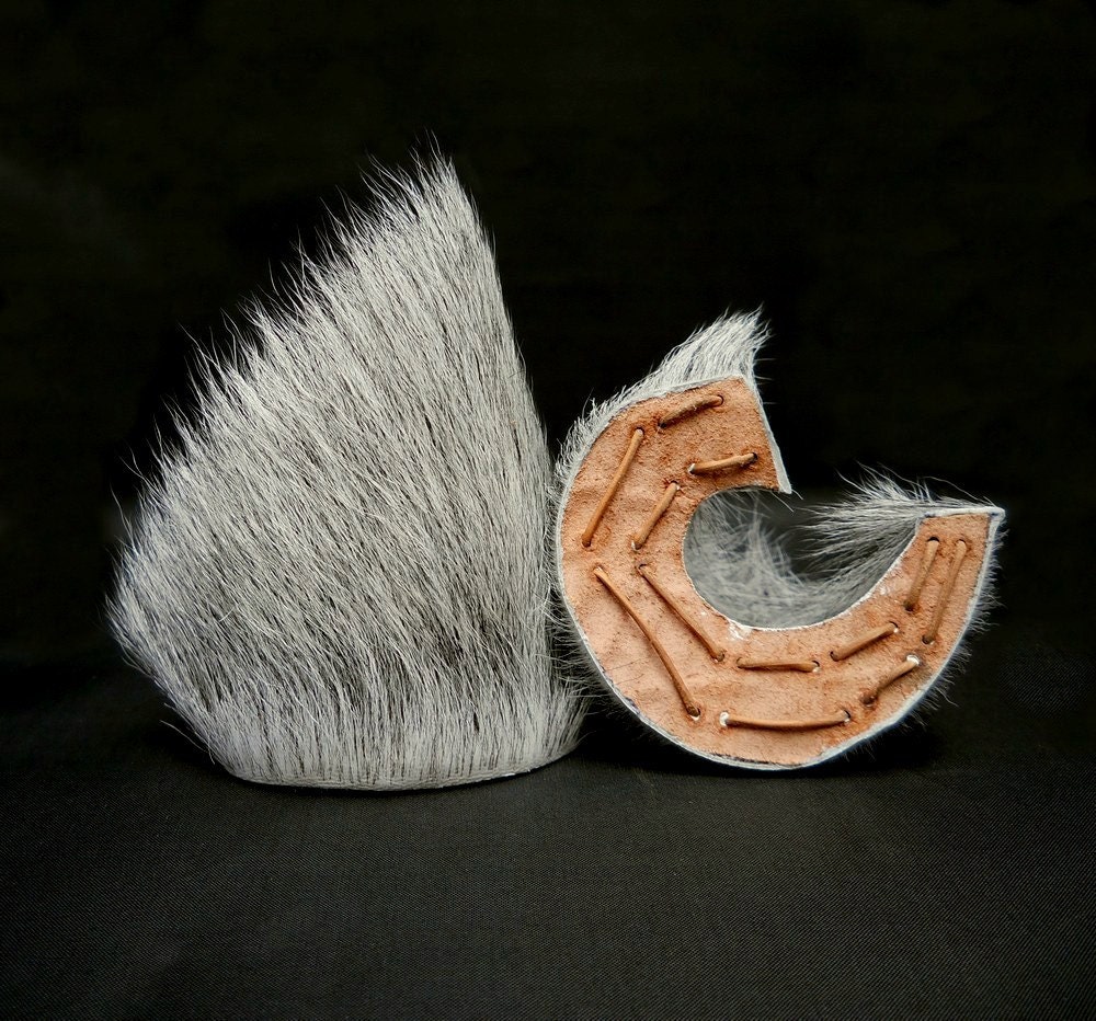 Gray Long Fur Leather Cat Ears Grey Silver White Limited Edition Nekomimi Cosplay Furry Goth Fantasy Fashion Wear