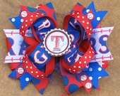 TEXAS RANGERS Hair Bow Bottle Cap Center Boutique Stacked with Blue Tulle Red Polka Dot Loops