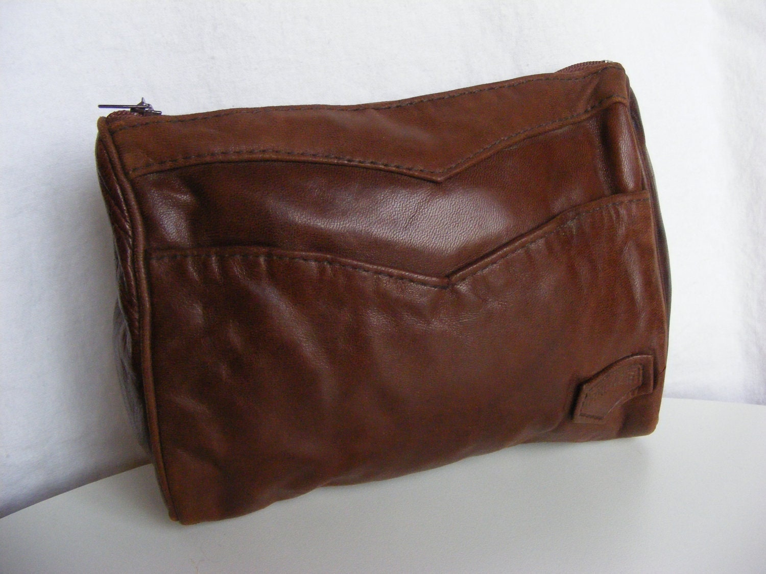70s 80s Chevron Brown Leather Cosmetic Bag or Small Clutch Purse