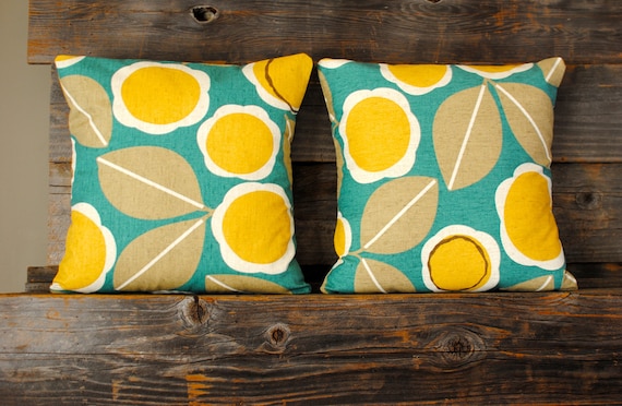 Teal yellow and brown decorative pillow by kangaroostitches