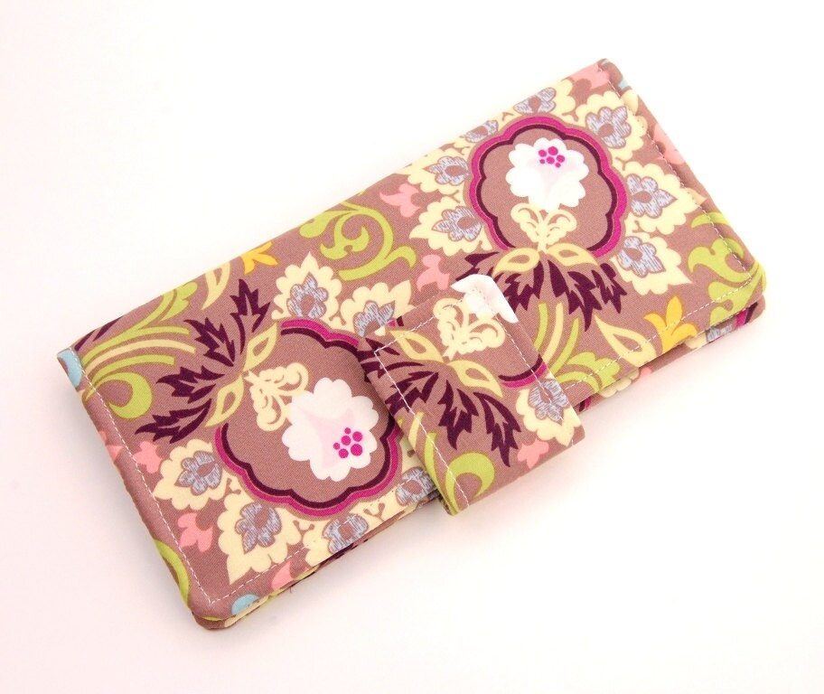 SALE Boho Bifold Wallet - Smart Phone Clutch - Art Gallery Fabrics Paradise Collection Taupe Double Bloom - Wristlet Option