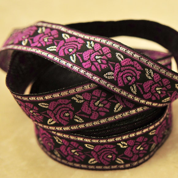 Jacquard Ribbon Trim Rose Pink Silver Boarder- 3 Yards