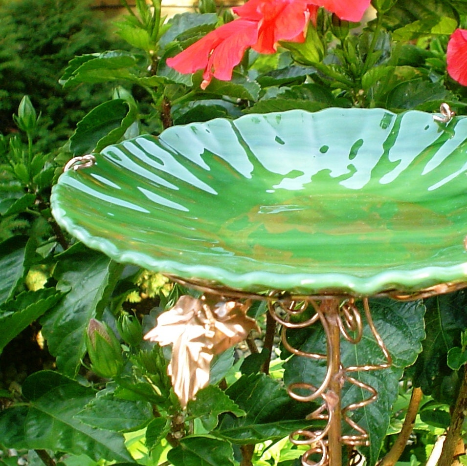 Gifts for Men, BIRD BATH, Garden, stained glass, copper, Spring Green, Home Decor, Housewares