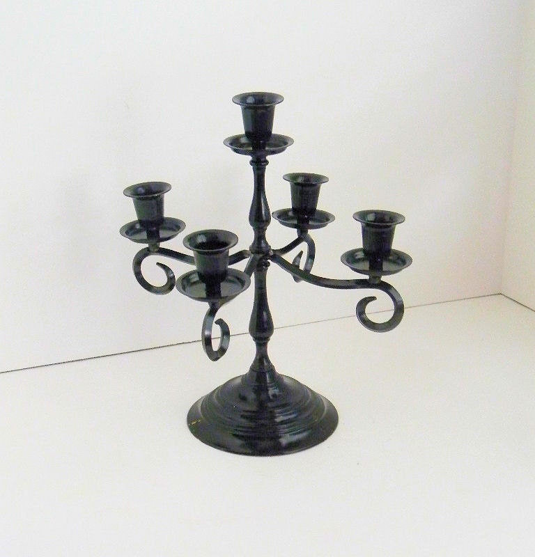 Hand Painted Vintage Brass Candelabra - Gothic Candleabra - Wedding Candelabra - Black Candelabra