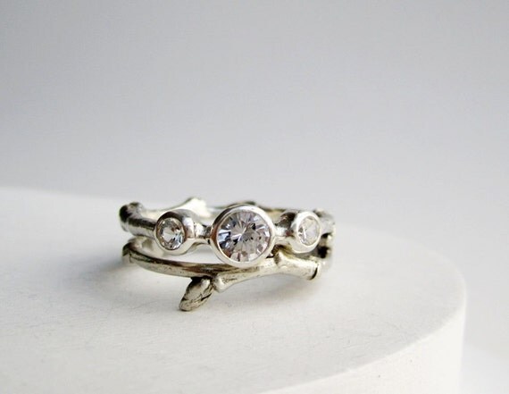 3 White Sapphire, Engagement Rings, Silver Twig Rings