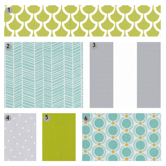 Custom Crib bedding - Lime green, Aqua and Grey