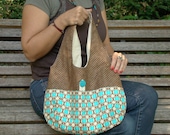 Shoulder Bag Purse, in acqua and brown geometric cotton print - READY TO SHIP