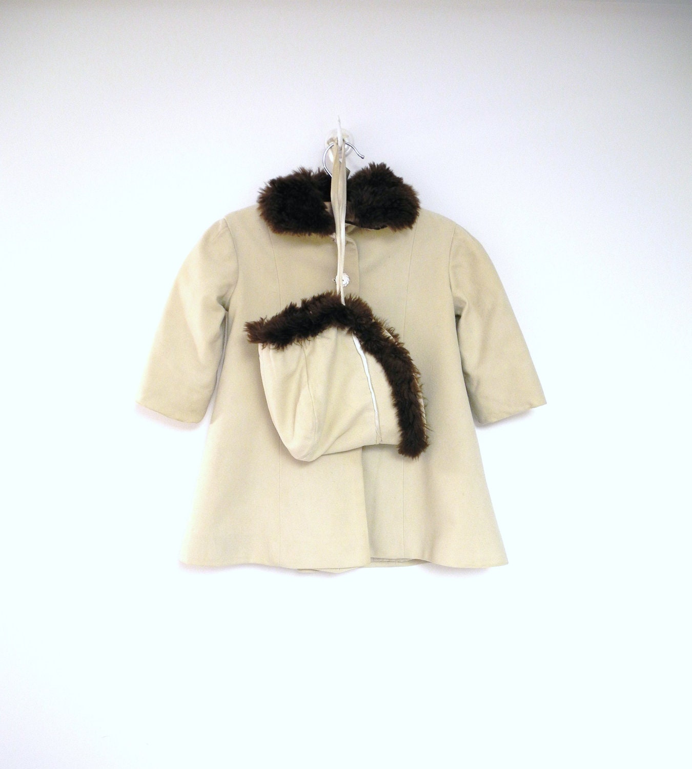RESERVED - 1950's Handmade Off White Wool Coat and Matching Bonnet with Fur Trim