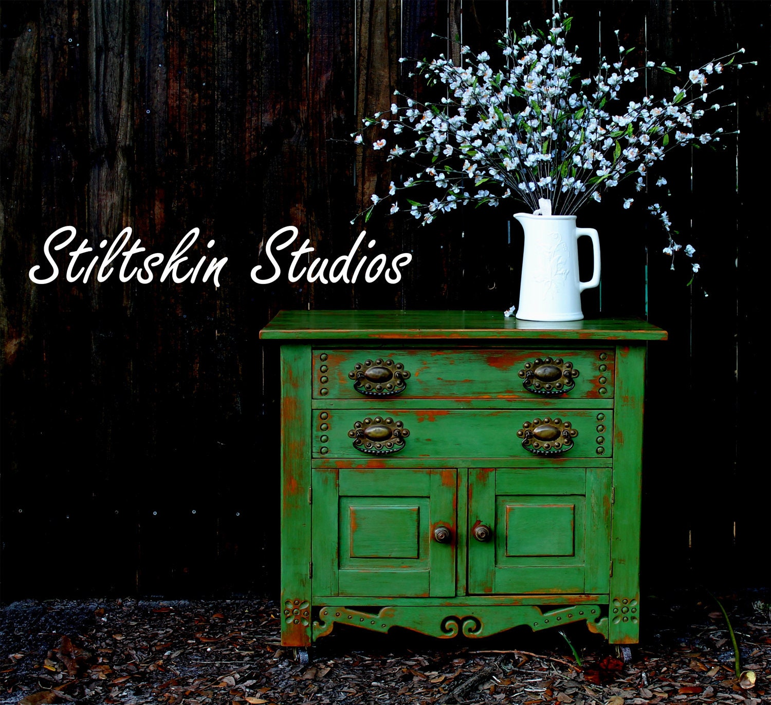 Charming Shabby  Cottage Green Rustic Pantry Cabinet