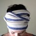 Striped Head Scarf, Hair Wrap, Headband - All in One Womens Neck Bow - Ascot - Sash - Denim Blue, Tan, Straw Stripes
