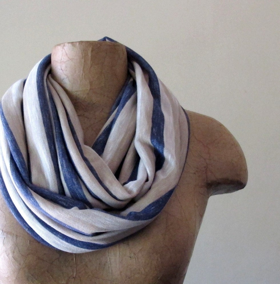 Striped Infinity Scarf - Nautical Jersey Knit Circle Scarf - Infinity Cowl - Denim Blue, Wheat, Straw - Loop Scarf with Stripes