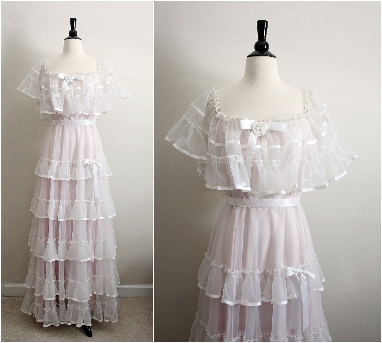Reserved//70's Senorita Ruffle Wedding Dress. Mexican Boho Maxi Peasant Dress. Size Medium