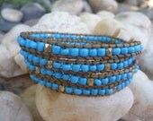 Chan luu inspired beaded leather wrap bracelet .Wrap bracelet.Blue beads and gold nugget on light brown cord .