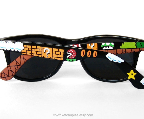 Sunglasses - Custom Wayfarer style sunglasses Super Mario unique hand painted - Piranha Plant - Question block - 1UP Mushroom