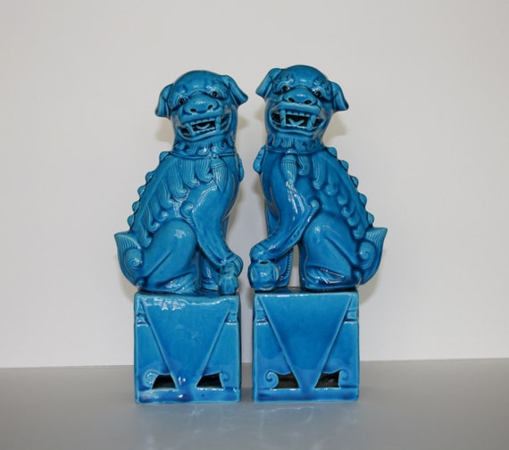 Vintage Foo Dogs, 8in (20cm), Turquoise Blue Chinese Foo Dogs or Temple Guardian Lions