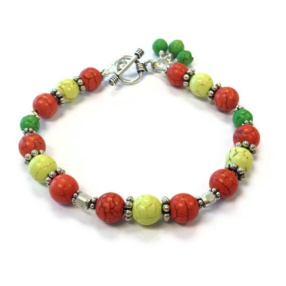 Turquoise Multicolor Bracelet Yellow Orange Green Gemstone Sterling Silver Jewelry Jewellery Bright Colors Summer Fashion Neon B-289