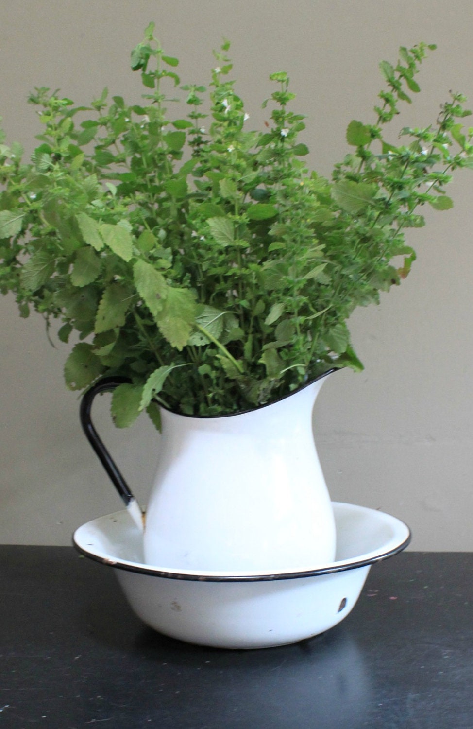 Vintage White Enamel Pitcher and Bowl Set