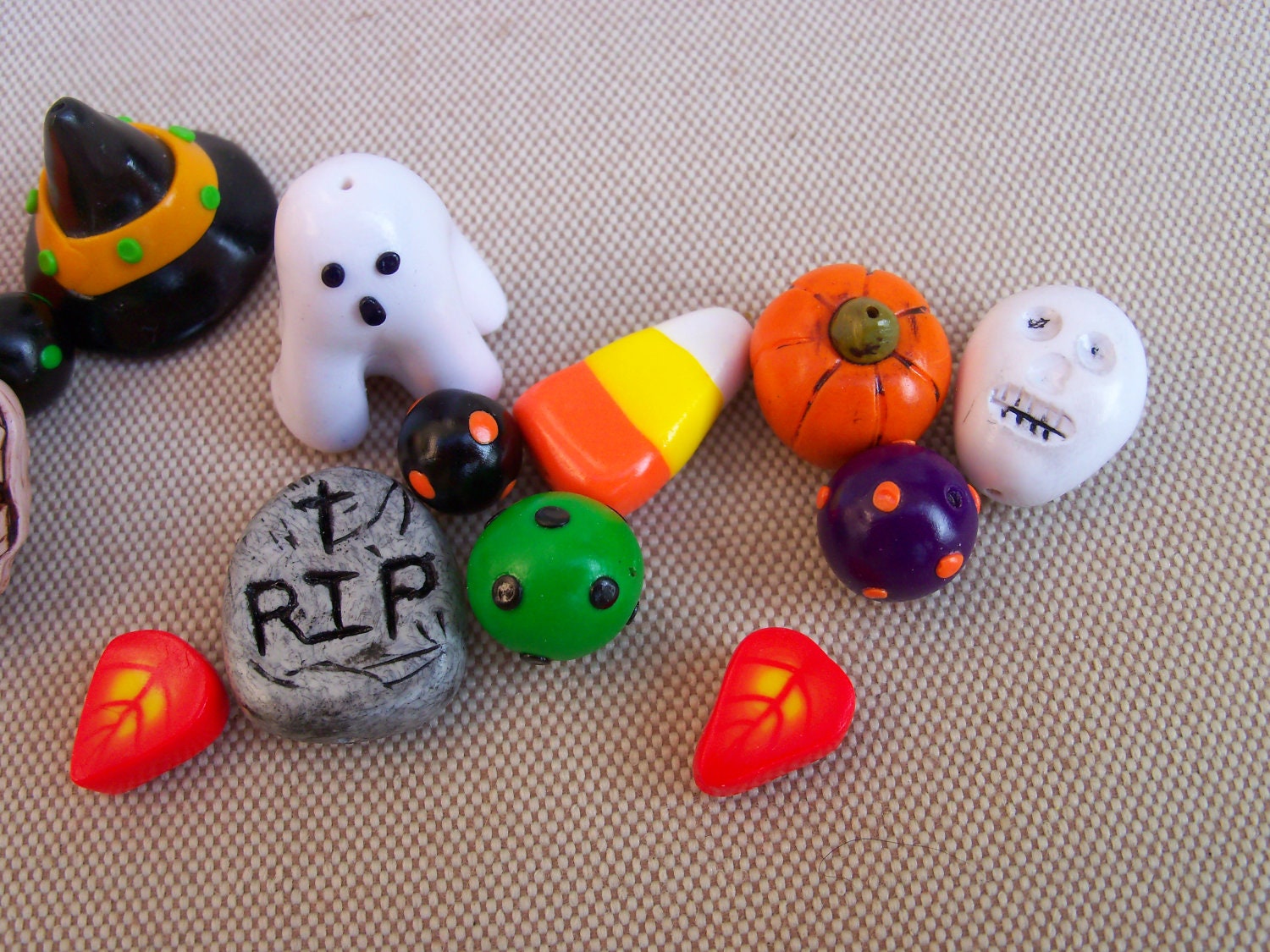 Halloween Charms and Beads, handmade polymer clay, set of 21