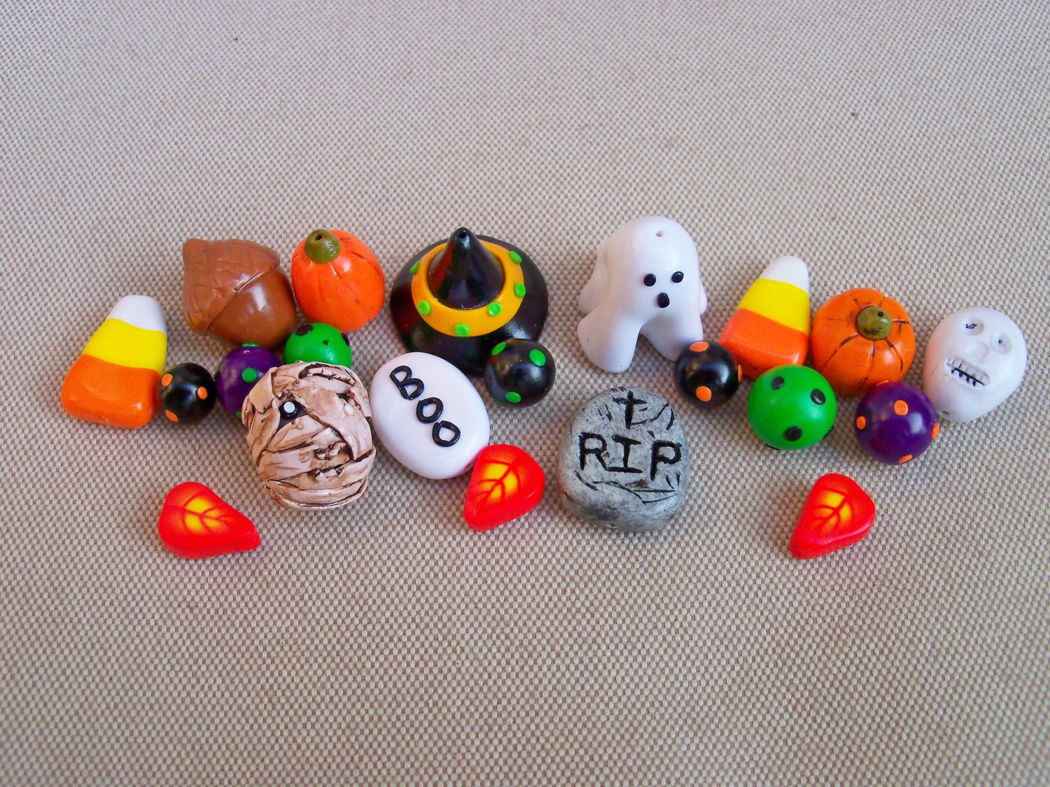 Halloween Charms and Beads, handmade polymer clay, set of 21