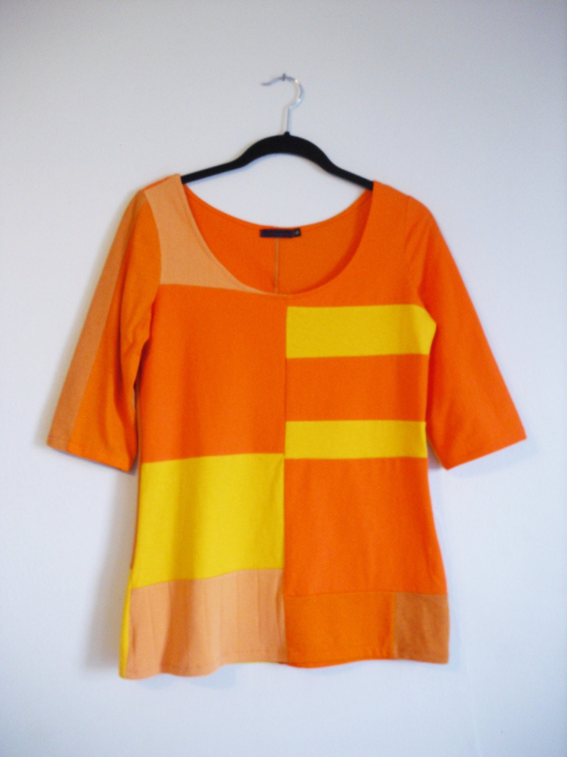 Upcycled Top with sleeves- size small- orange, yellow, fall top