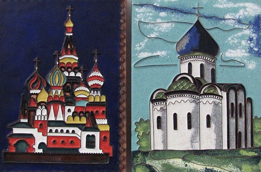 Vintage 1960s Russian Enameled Wall Plaques - Copper Base - Original Tags - Awesome Work